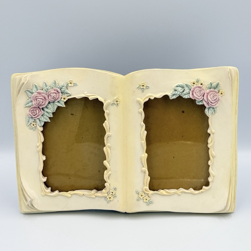 VTG Floral Double 3x4 Photo Frame Book Shaped Roses Shabby Chic Cottagecore